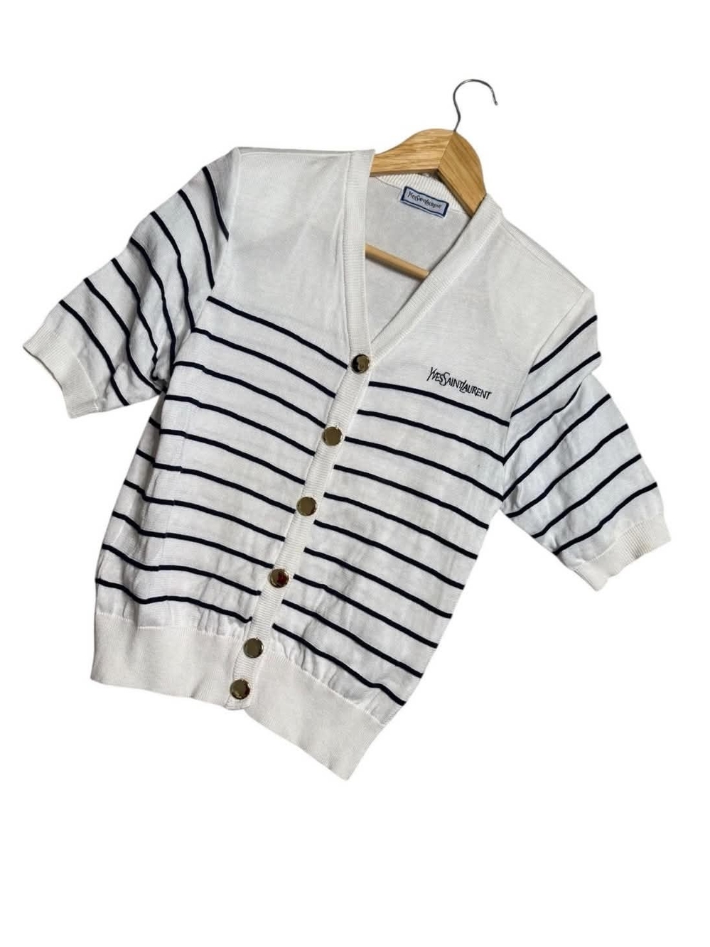Yves Saint Laurent White Cardigan with Navy Stripes